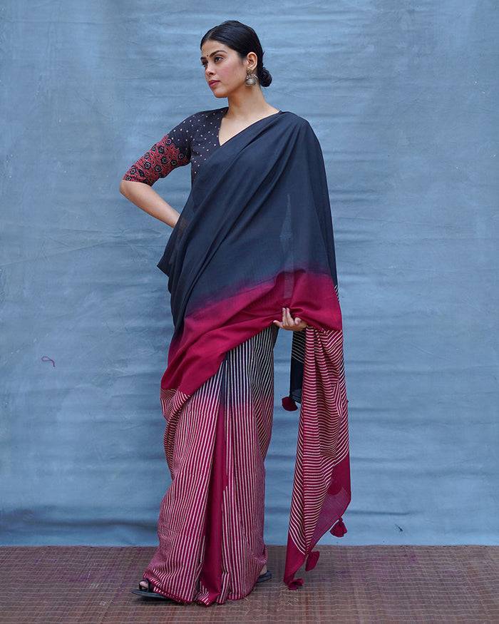 Bimala Black & Maroon Handblock Printed Cotton Saree | The Bindiya
